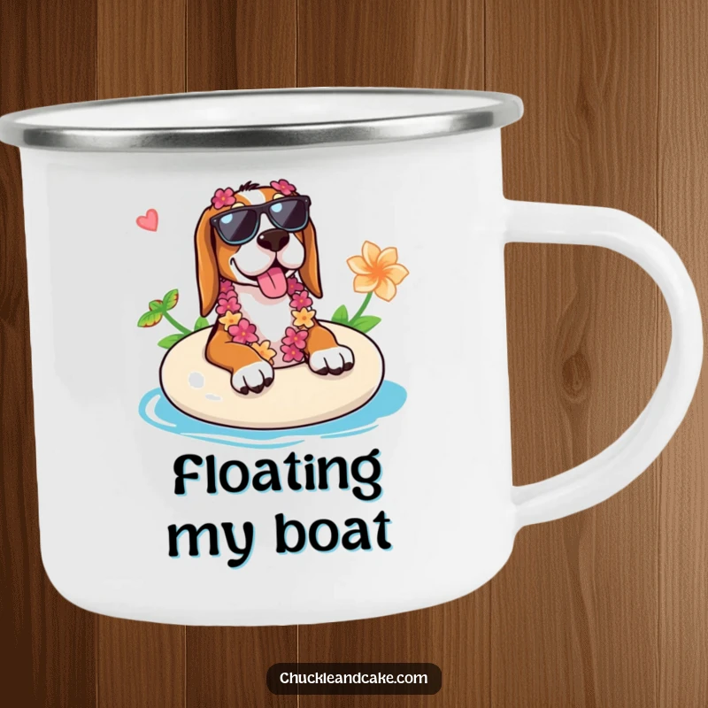 Funny Basset Hound camping mug featuring a Basset Hound on a float with sunglasses and lei, ready for outdoor relaxation.