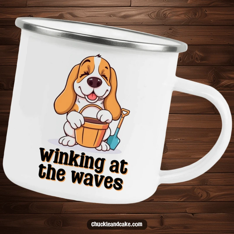 Funny Basset Hound winking with bucket and spade, ready for beach fun, on a durable enamel camping mug.