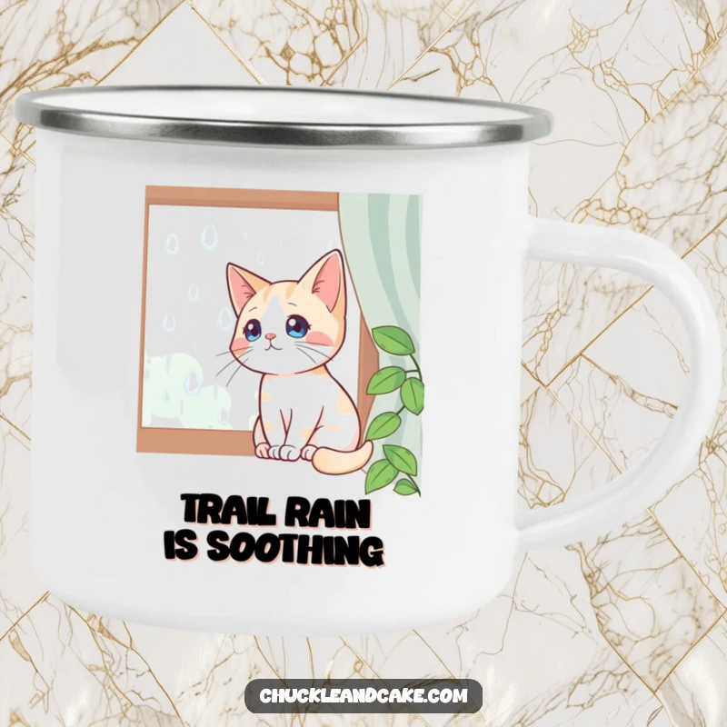 Funny enamel camping mug featuring a Bobtail cat sitting by a window, watching raindrops, ideal for enjoying beverages indoors.