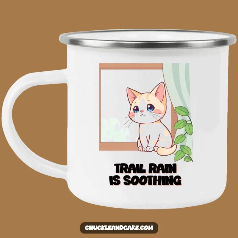 Funny Bobtail Cat Enamel Camping Mug: Rainy Day Watcher