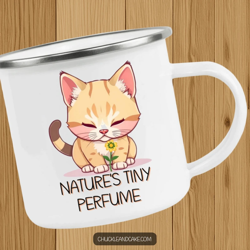 Funny Bobtail cat curiously sniffing a tiny flower, depicted on a rugged camping mug, ready for any trail or campfire.