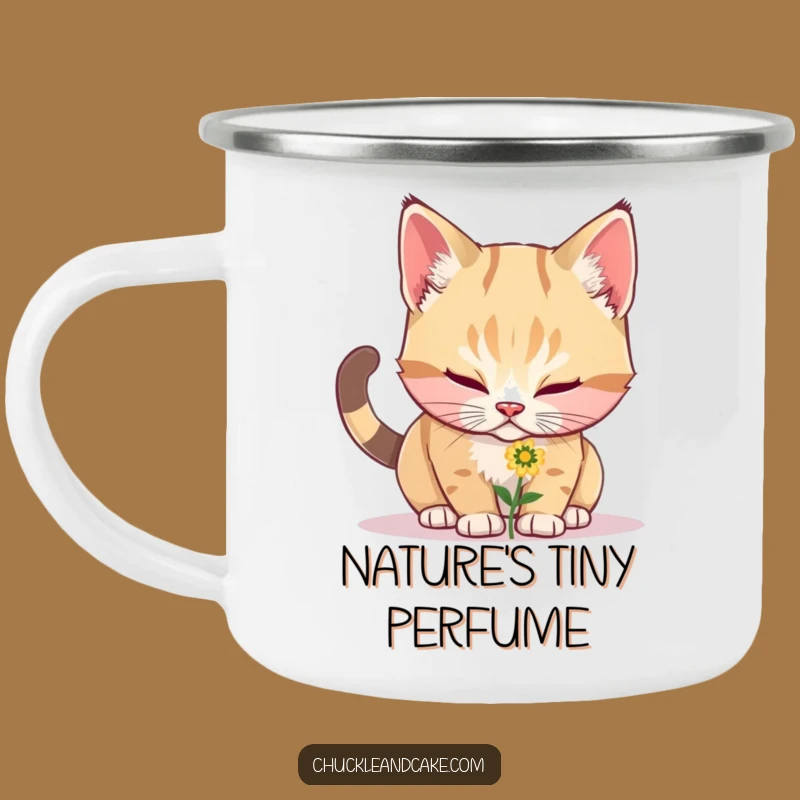 Funny Bobtail Cat Sniffing Flower Camping Mug - Outdoorsy & Humorous Drinkware