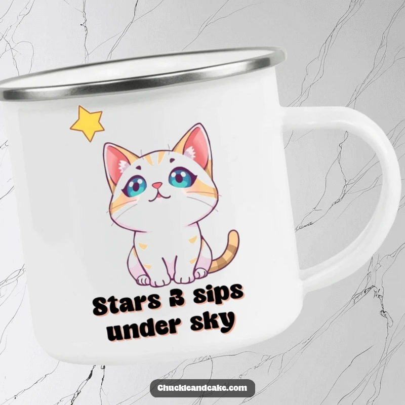 Funny Bobtail Cat Camping Mug: A cute cat looks at a twinkling star, ready for outdoor adventures.