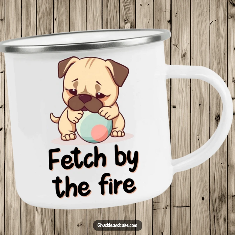 Funny camping mug featuring a Bullmastiff dog gently nudging a bouncing ball, perfect for active outdoor enjoyment.