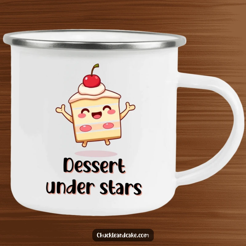 Funny slice of cake with a cherry on top beaming and jumping, a camping mug designed with a celebratory dessert character.