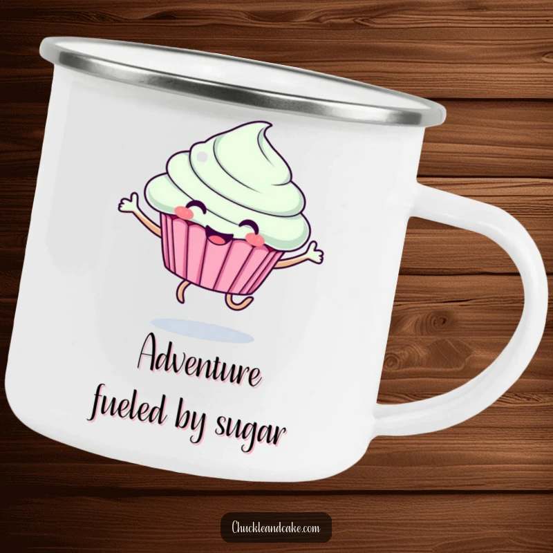 Funny camping mug featuring a smiling cupcake with legs joyfully leaping, designed for outdoor enthusiasts who love humor.