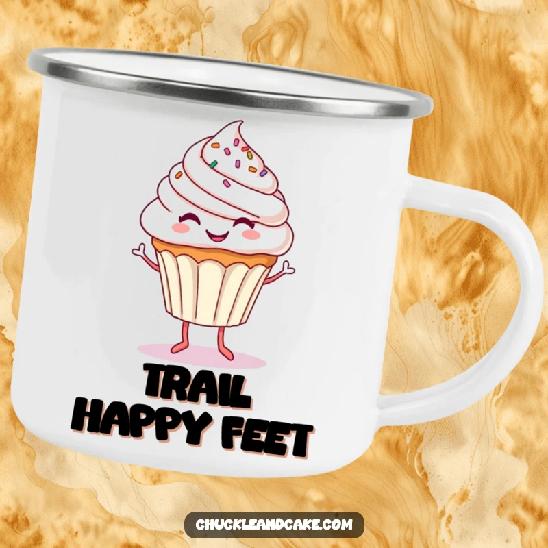 Funny camping mug featuring a smiling cupcake with tiny legs dancing, perfect for enjoying hot beverages during outdoor escapades.