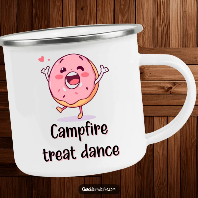 Funny camping mug featuring a happy donut character doing a silly dance, designed for outdoor enthusiasts who love fun.