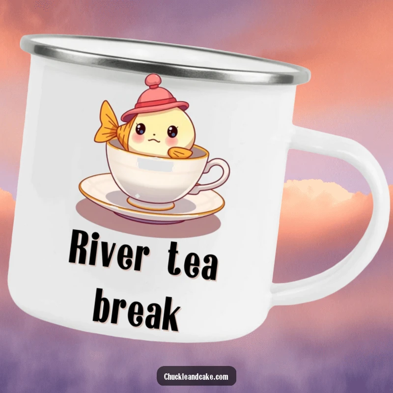 Funny bewildered fish in a tiny hat floating in a teacup on a sturdy camping mug, ideal for humorous outdoor enjoyment.