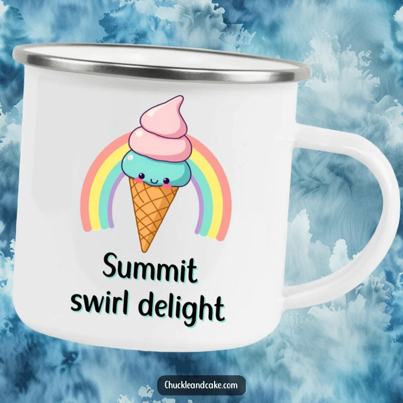 Funny Camping Mug: A cheerful ice cream cone slides down a rainbow, perfect for outdoor sweet moments.