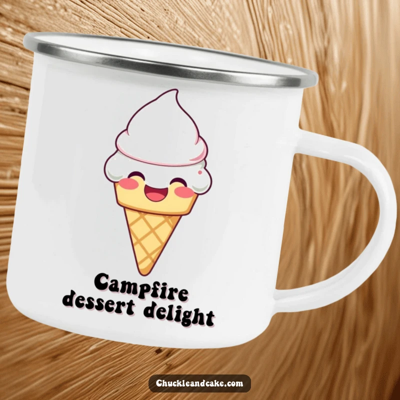 Funny laughing ice cream cone with frosting melting slightly on a camping mug, great for sweet-toothed campers.