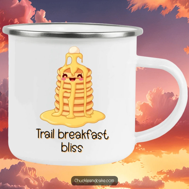 Funny pancake camping mug featuring a happy pancake stack sliding down a syrup waterfall, perfect for enjoying beverages outdoors.