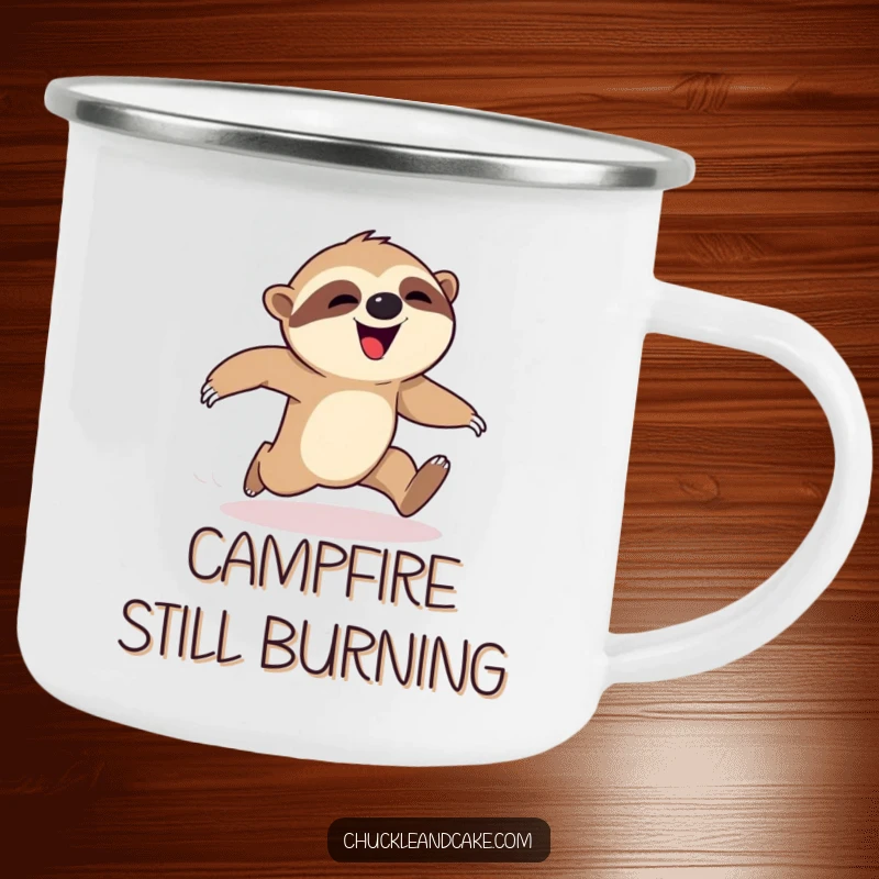 Funny sloth camping mug, enamel cup with a happy sloth falling during a race, outdoor adventure humor, cute enamelware, perfect funny gift.