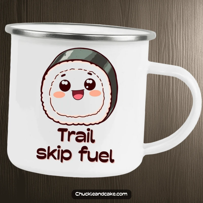 Funny camping mug showcasing a cheerful sushi slice with googly eyes, happily skipping, ready for any outdoor culinary adventure.