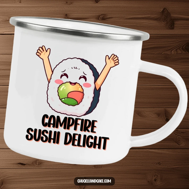Funny camping mug showing a delighted sushi roll with arms raised in celebration, perfect for adventurous souls.