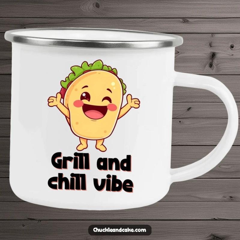 Funny camping mug featuring a taco character cheering with a huge grin, designed for outdoor enthusiasts who love Mexican food.