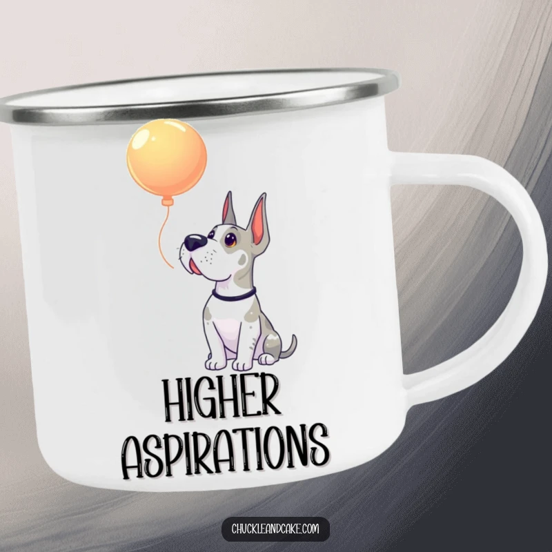 Funny Grand Dane camping mug depicting a dog looking up with delight at a floating balloon, ready for the outdoors.