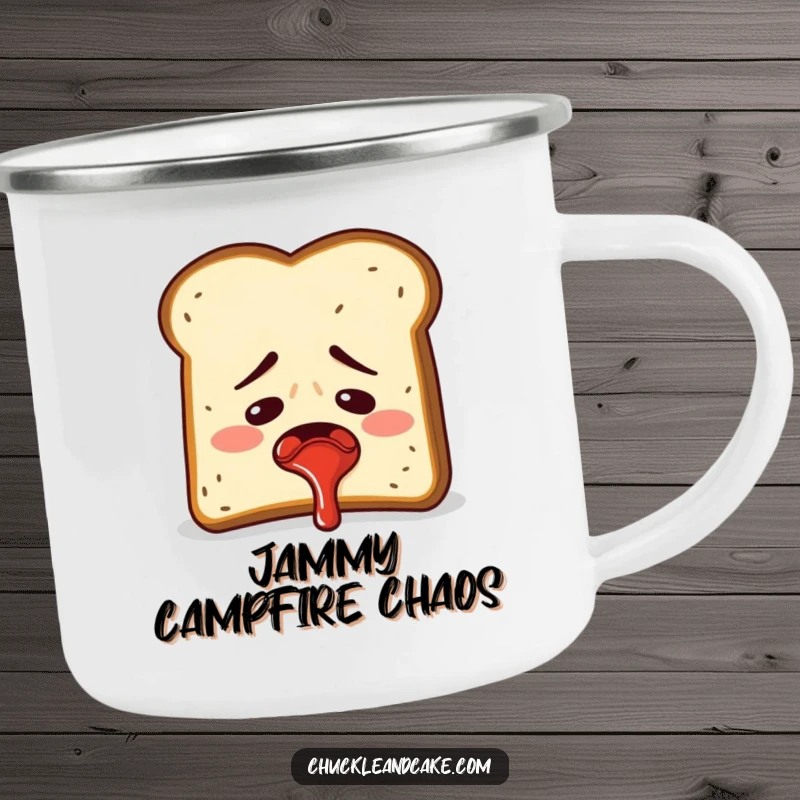 Funny embarrassed slice of toast accidentally spraying jam, humorous camping mug.