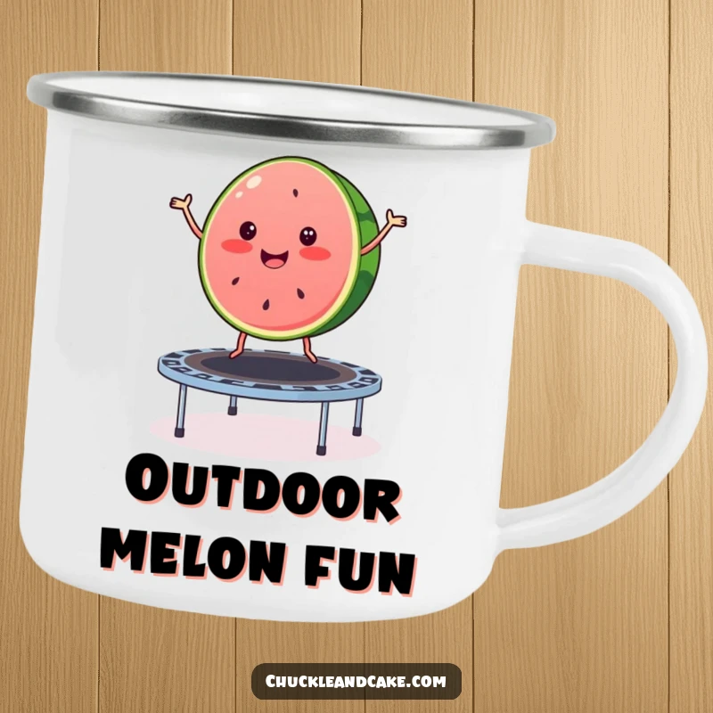Funny watermelon camping mug featuring a merry slice of watermelon bouncing on a trampoline, perfect for enjoying beverages outdoors with summer fun.