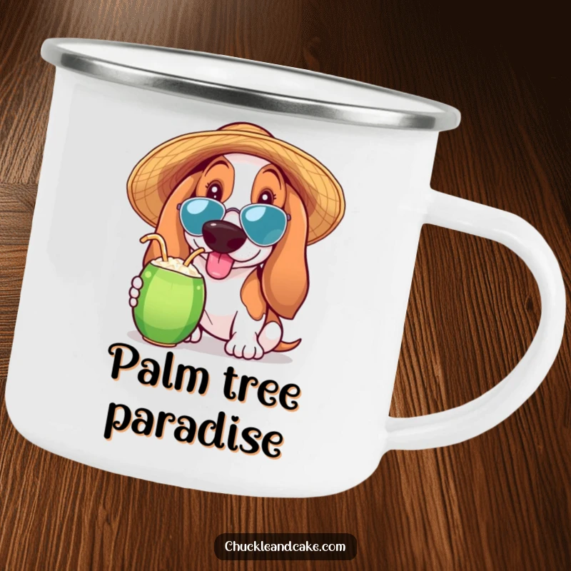 Funny Basset Hound camping mug featuring a Basset Hound in a sun hat sipping a coconut drink, perfect for outdoor enthusiasts.
