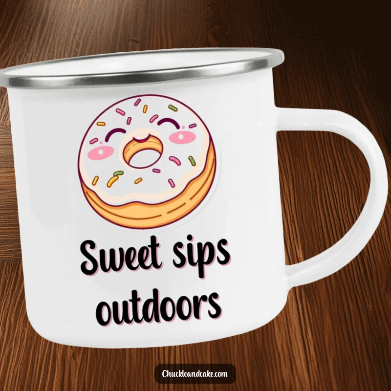Funny enamel camping mug featuring a delighted donut with sprinkles playfully winking, perfect for outdoor beverages.