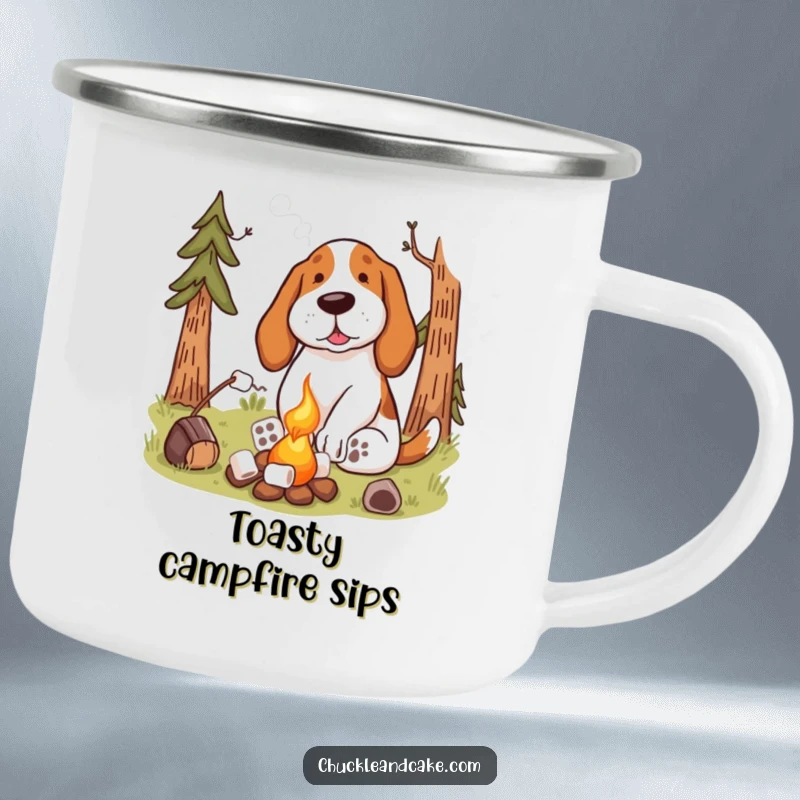 Funny Basset Hound Campfire Camping Mug with a dog toasting marshmallows, ideal for hikers and campers.