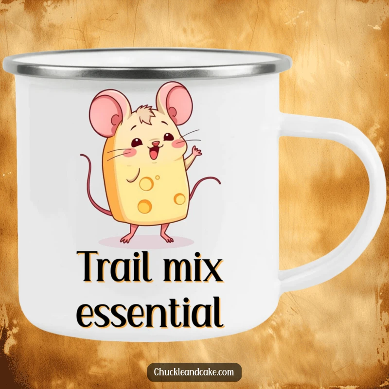 Funny slice of cheese with mice ears wiggling and performing a jig, a camping mug designed with a dancing food character.
