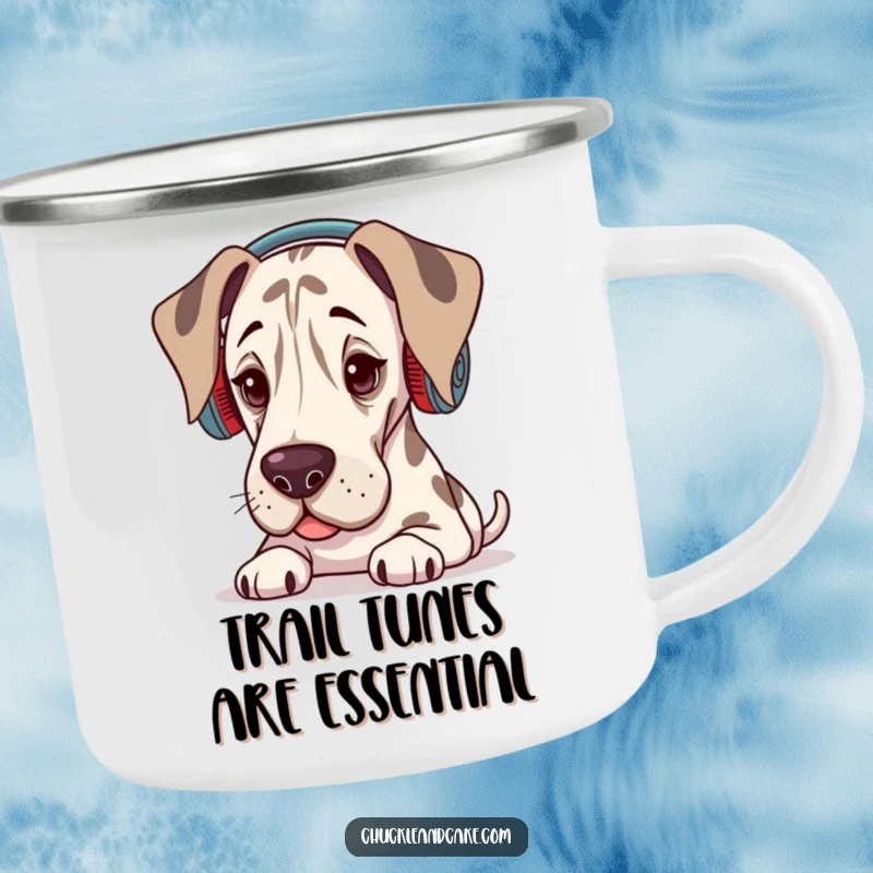 Funny Grand Dane camping mug with a dog wearing ear warmers, looking relaxed and enjoying music outdoors.