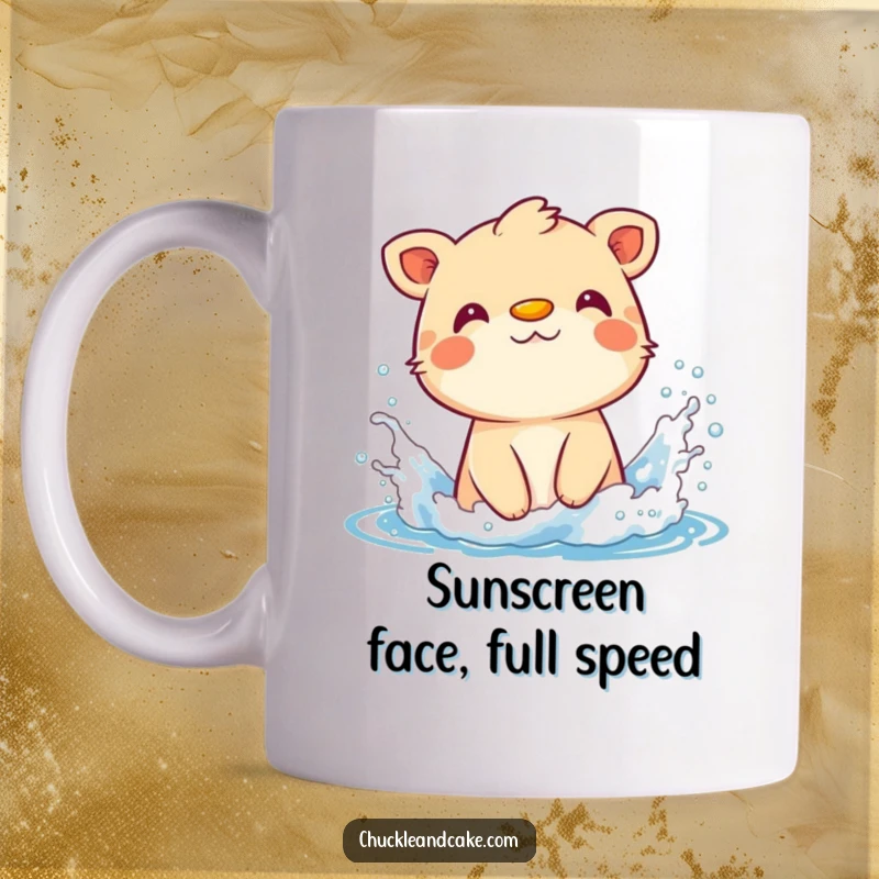 Funny mug with a happy animal wearing sunscreen on its nose, joyfully splashing water in the ocean waves.