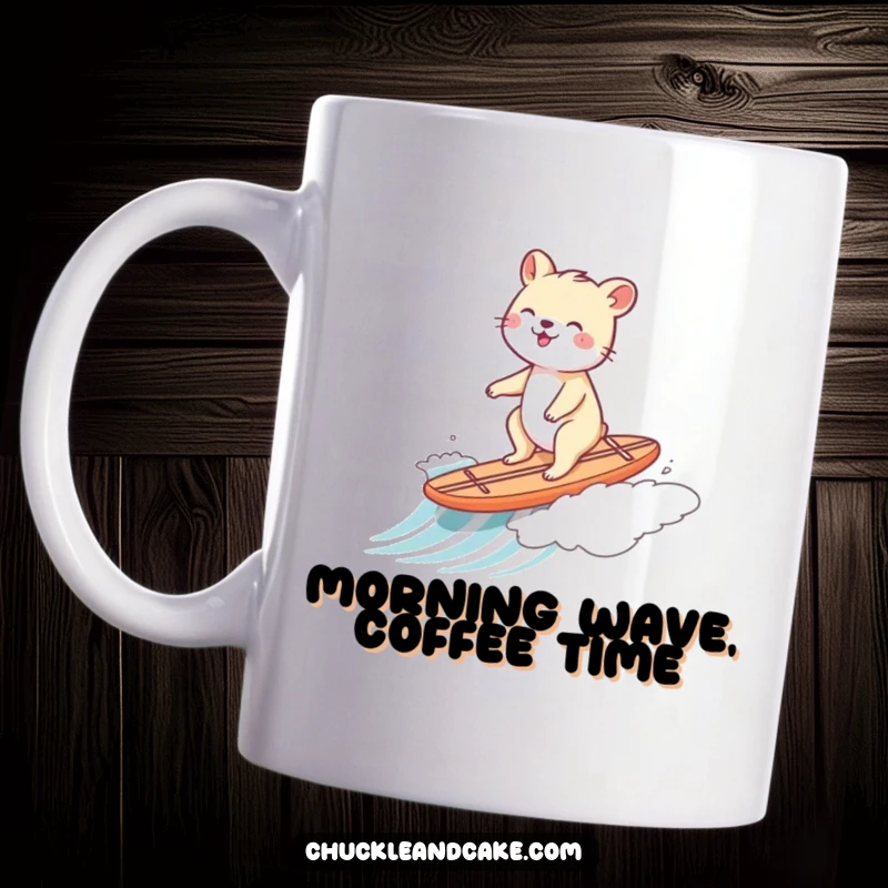 Funny mug showing a joyful animal gleefully riding a tiny surfboard down a gentle ocean wave.