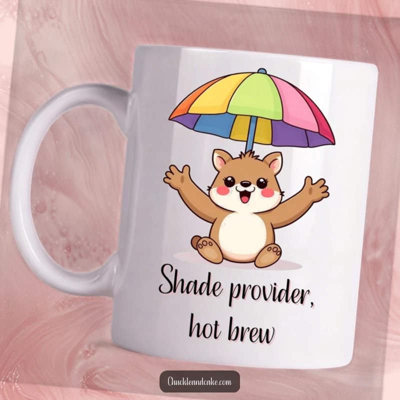 Funny mug showing a happy animal enthusiastically holding up a colorful beach umbrella.