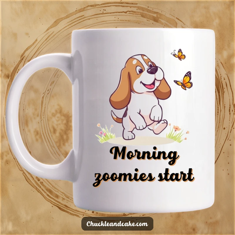 Funny Basset Hound with droopy ears playfully chasing a butterfly, cute dog mug, humorous pet antics, perfect funny gift for dog moms.