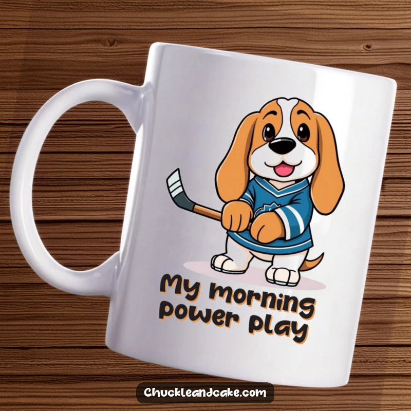 Funny Basset Hound dog wearing a hockey jersey and clutching a small hockey stick, ready for the game on a mug.