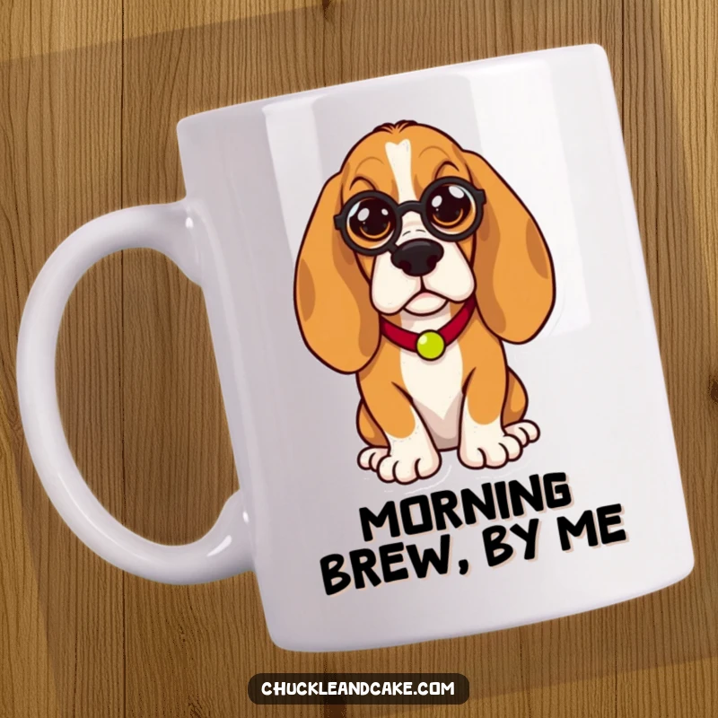Funny Basset Hound mug, droopy-eared dog wearing a monocle, looking incredibly regal and sophisticated, a humorous portrait.