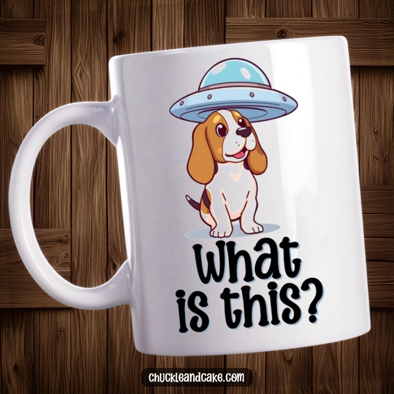 Funny Basset Hound Mug staring curiously at a flying saucer, capturing a dog's bewildered alien encounter.