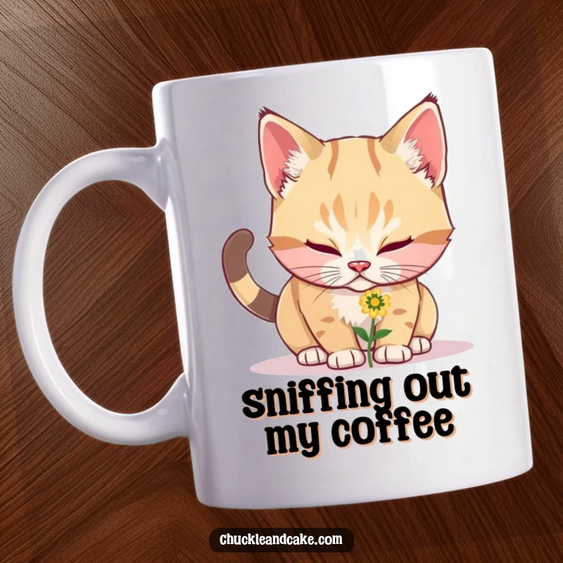 Funny Bobtail cat with wide eyes curiously sniffing a delicate pink flower, a heartwarming and humorous scene for your mug.