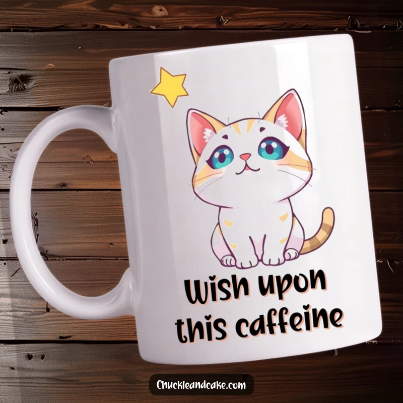 Funny Bobtail Cat Mug: A cute cat with bright eyes looks up in awe at a twinkling star, radiating wonder and joy.