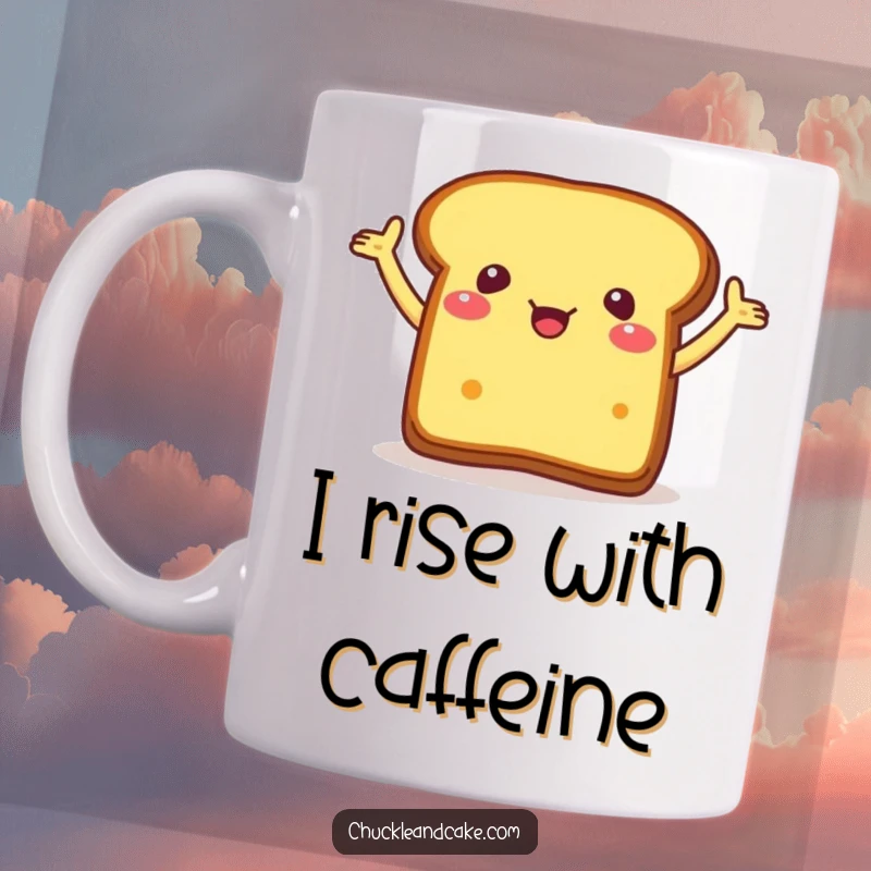 Funny mug featuring a piece of bread with arms flailing wildly in excitement, spreading joyous, chaotic energy.