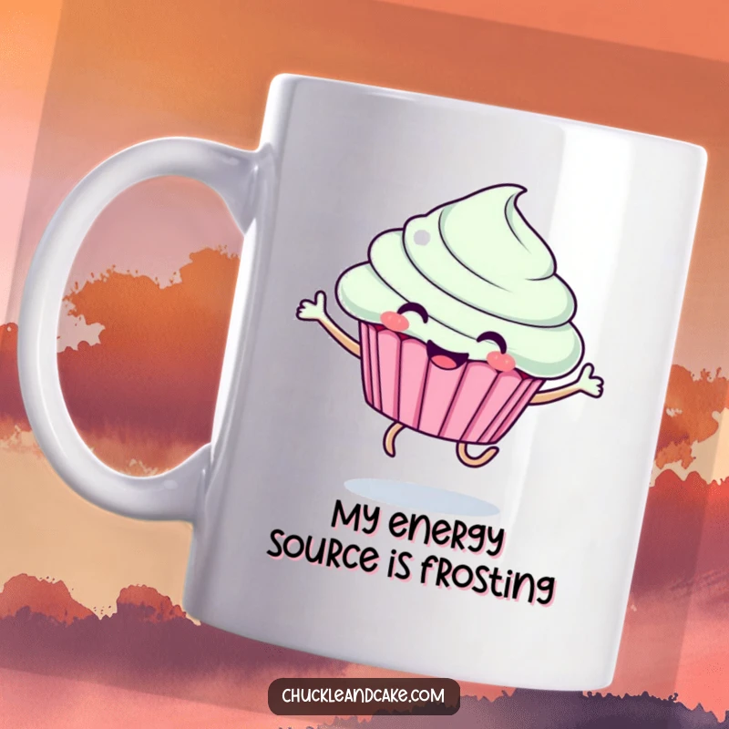 Funny mug featuring a smiling cupcake with legs joyfully jumping, radiating pure happiness and playfulness.