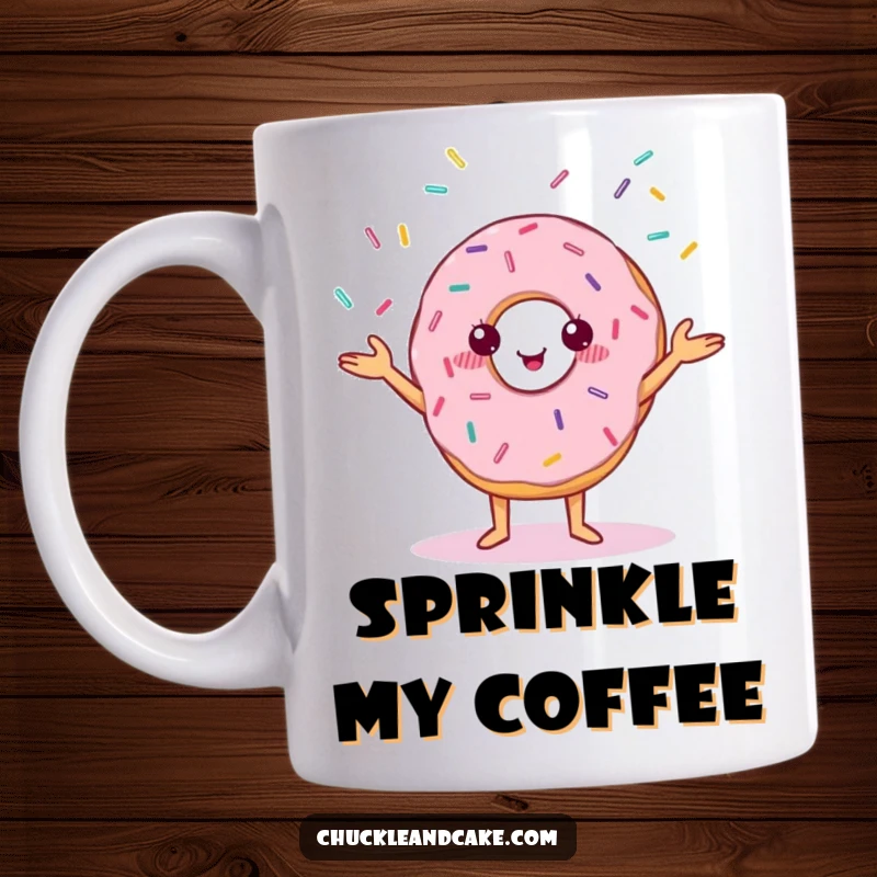 Funny mug showing a cheerful, anthropomorphic donut with small eyes, skillfully juggling colorful sprinkles.