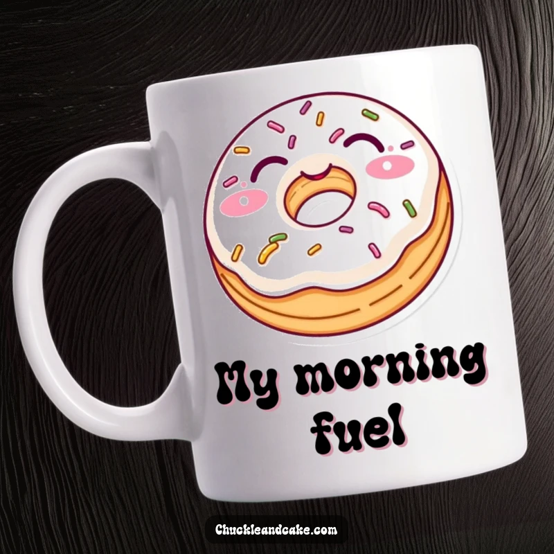 Funny mug featuring a delighted donut with colorful sprinkles winking playfully, a sweet and humorous addition to any kitchen.