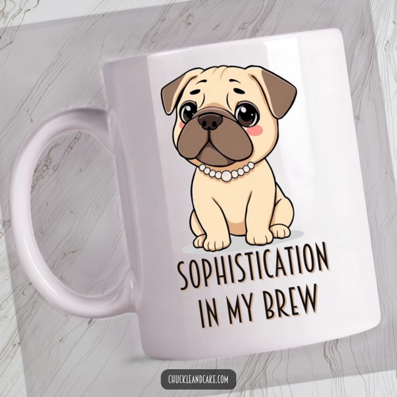 Funny mug featuring a Bullmastiff dog adorned with a small pearl necklace, exuding an air of sophisticated elegance.
