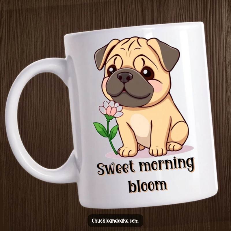 Funny Bullmastiff mug featuring a gentle, smiling dog offering a flower, radiating warmth and sweet humor.