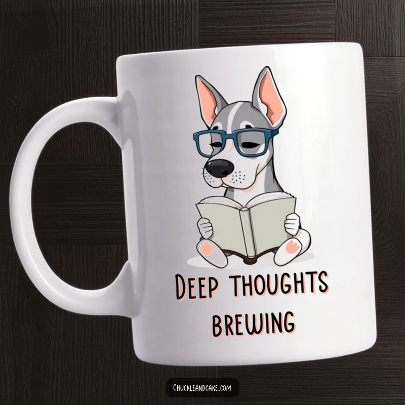 Funny Grand Dane Glasses Mug: A large Grand Dane wearing tiny glasses is intently reading a book, looking very scholarly.