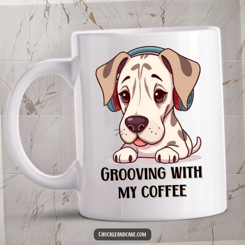 Funny Grand Dane mug showing a dog wearing ear warmers, eyes closed, blissfully listening to music.
