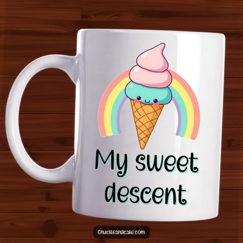 Funny Mug: A smiling ice cream cone joyfully slides down a vibrant rainbow, embodying pure happiness.