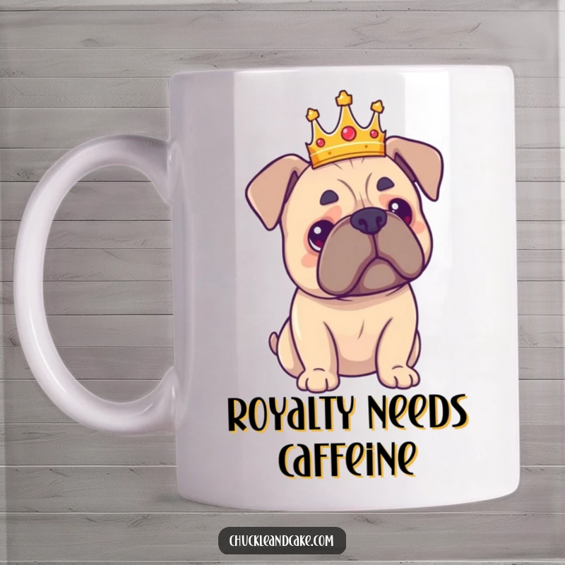 Funny Bullmastiff mug featuring a regal dog wearing a tiny crown, looking incredibly proud and majestic.