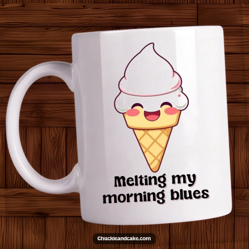 Funny laughing ice cream cone with frosting melting slightly on a mug, radiating pure joy and sweet indulgence.