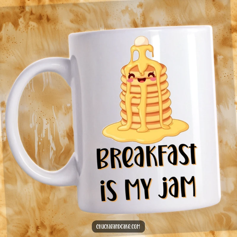 Funny pancake mug showing a happy stack of pancakes joyfully sliding down a cascading waterfall of golden syrup.