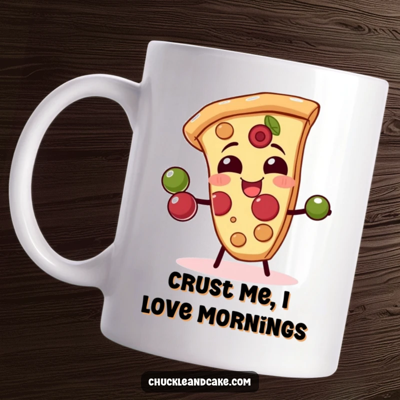 Funny mug featuring a giggling pizza slice comically juggling olives with its crust, a humorous treat for pizza fans.